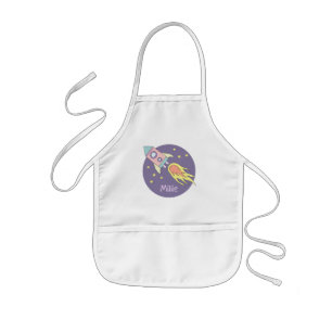 Tablier Enfant Girl's Pink Rocket Ship Space Galaxy et nom