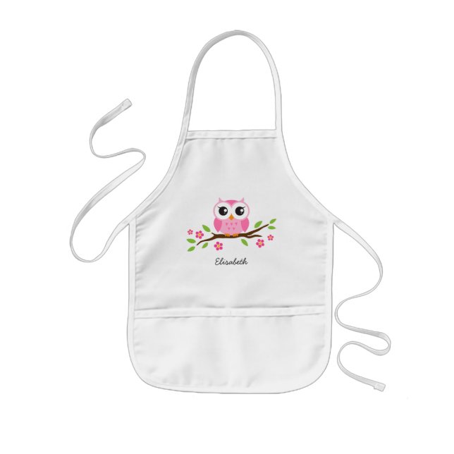 Tablier Enfant Hibou rose sur le nom personnalisé par branche (Devant)