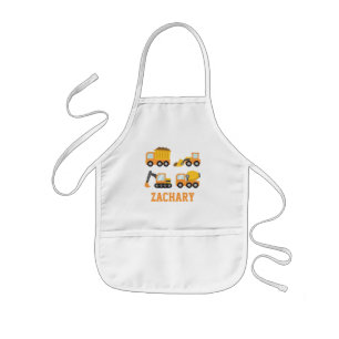 Tablier Enfant Orange Construction Vehicles and Trucks, Kids Name