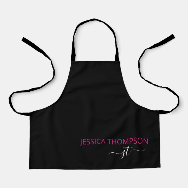 Tablier Enfants Personnalisé Noir Hot rose Nom Monogramme  (Recto)