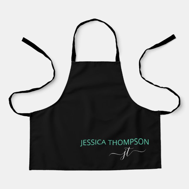 Tablier Enfants Personnalisé Noir Turquoise Monogramme Nom (Recto)