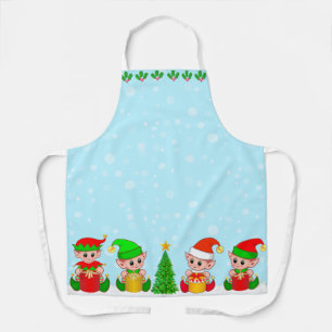 Tablier Équipe de lutins de Noël moderne sur fond bleu cla