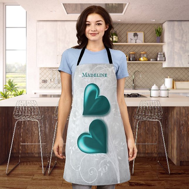 Tablier Espace personnalisé Coeurs turquoises (Teal Hearts Personalized Apron)