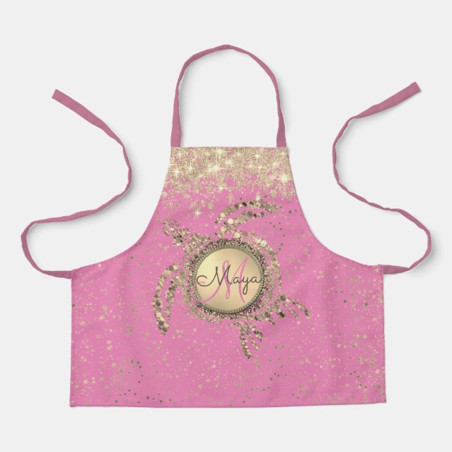 Tablier Étoiles Monogrammes de tortue sur rose Personnalis (Recto)