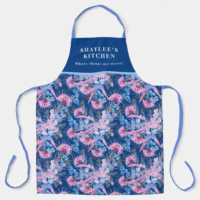 Tablier Eucalyptus Grevillea Bleu Et Rose (Recto)