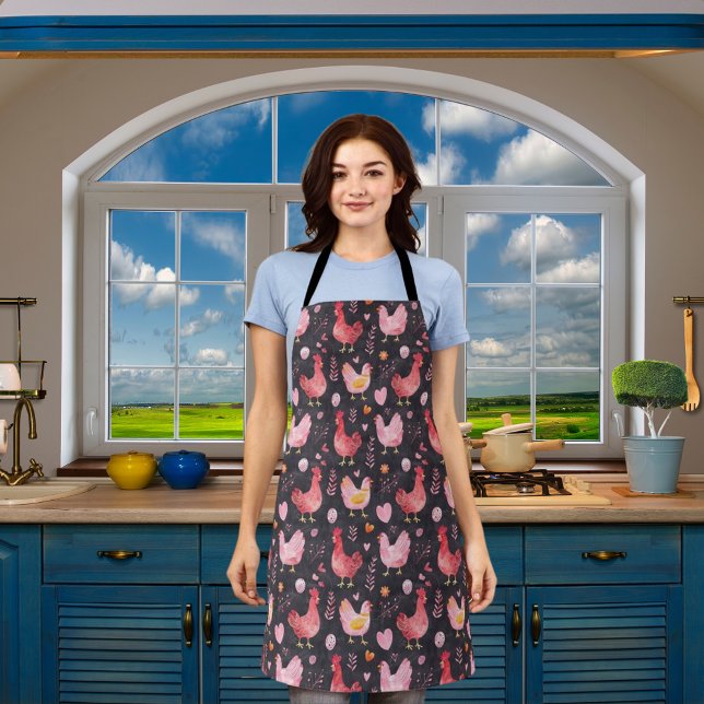 Tablier Ferme des poules de coq noir rouge rose (Créateur téléchargé)