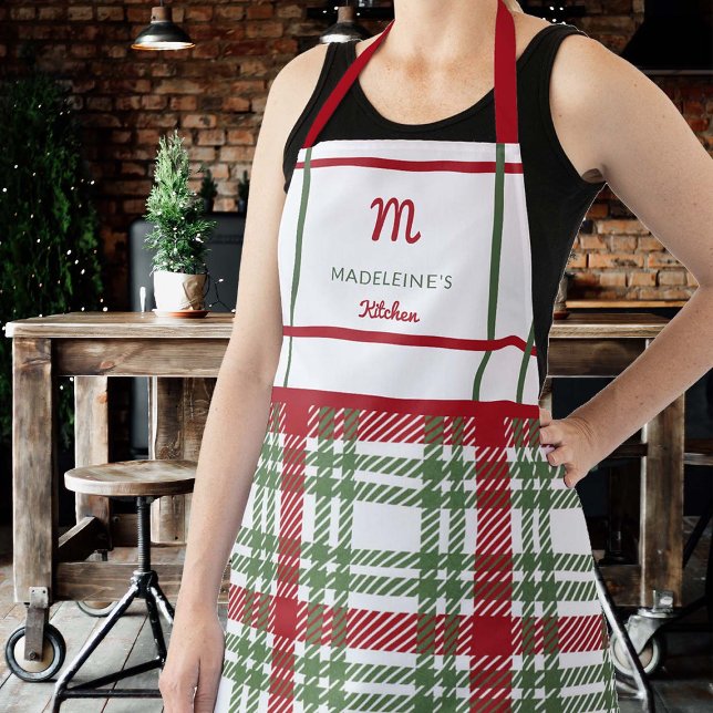 Tablier Ferme Rouge Vert Blanc Noël Plaid Monogramme Cadea (farmhouse personalized apron christmas gift mom grandma hostess red white green tartan plaid cottage)