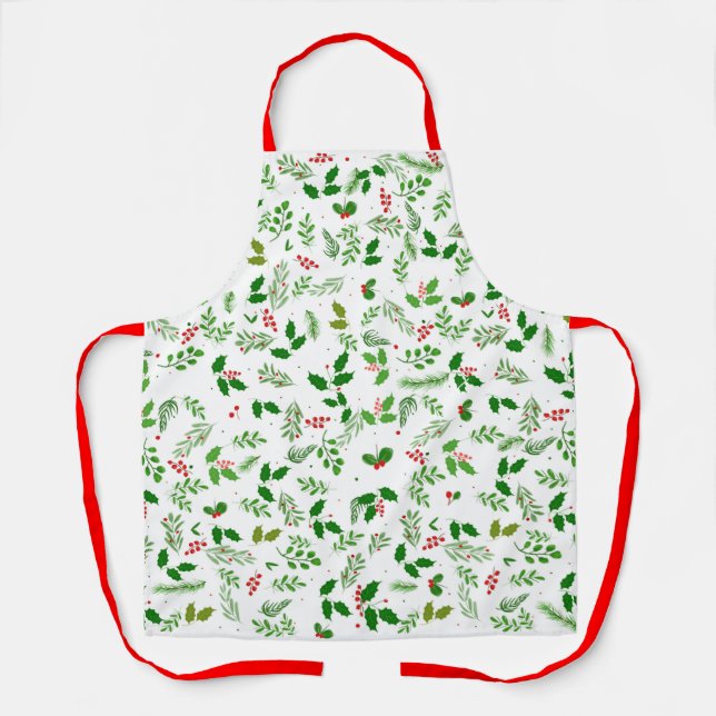 Tablier Festif Holly Berry Vacances vertes Imprimer Apron (Recto)