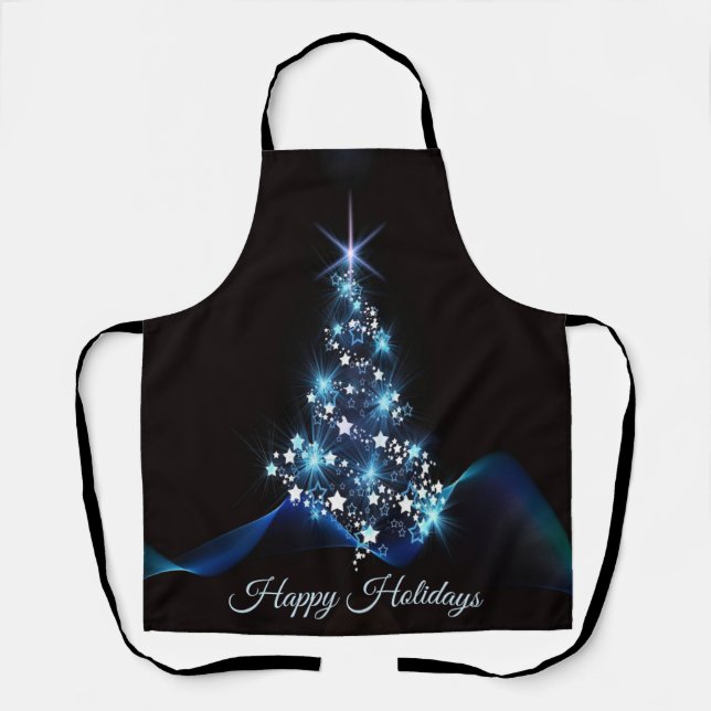 Tablier Fête de Noël Arbre bleu brillant noir élégant (Recto)