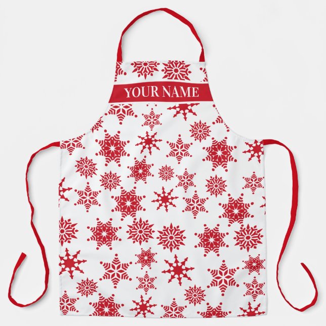 Tablier Fête de Noël Etoiles de neige blanches et rouges (Recto)