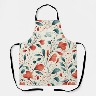 Tablier Feuille bleue blanche et motif floral rouge