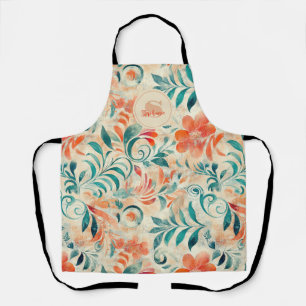 Tablier Feuilles bleus rustiques et motifs floraux rouge-o