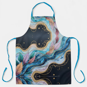 Tablier Feuilles colorés d'aquarelle sur bleu