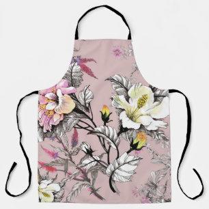 Tablier Feuilles d'aquarelle Fleurs Motif rose