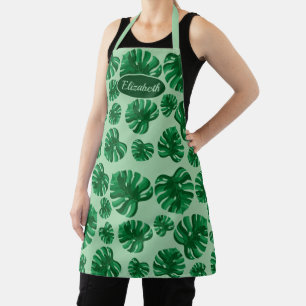 Tablier Feuilles de palmier Monstera vert tropical & Nom p