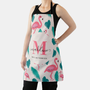 Tablier Feuilles tropicaux Flamant rose rose chaud Monogra