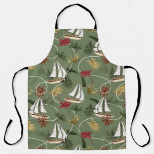 Tablier feuilles tropicaux vintages, bateau et corde à voi