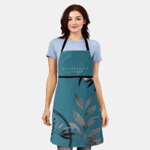Tablier Feuilles turquoise Aquarelle + Votre nom Cuisine