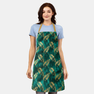 Tablier Feuilles turquoises or et foncé sur motif turquois