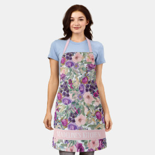Tablier Feuilles vert sauge Fleurs rose violet Cuisine
