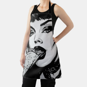 Tablier Fille gothique de style graphique BW 50s mangeant