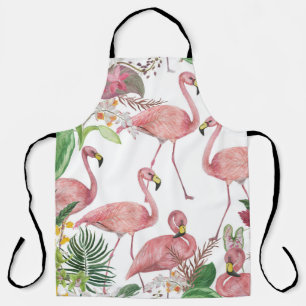 Tablier Flamant rose Feuilles tropicaux Motif aquarelle