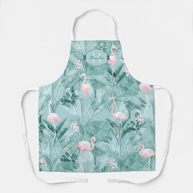 Tablier Flamant rose Orchidée Tropical Motif Turquoise ID8 (Recto)