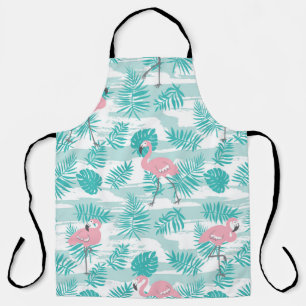 Tablier flamants roses, feuilles de palmiers verts, tropic