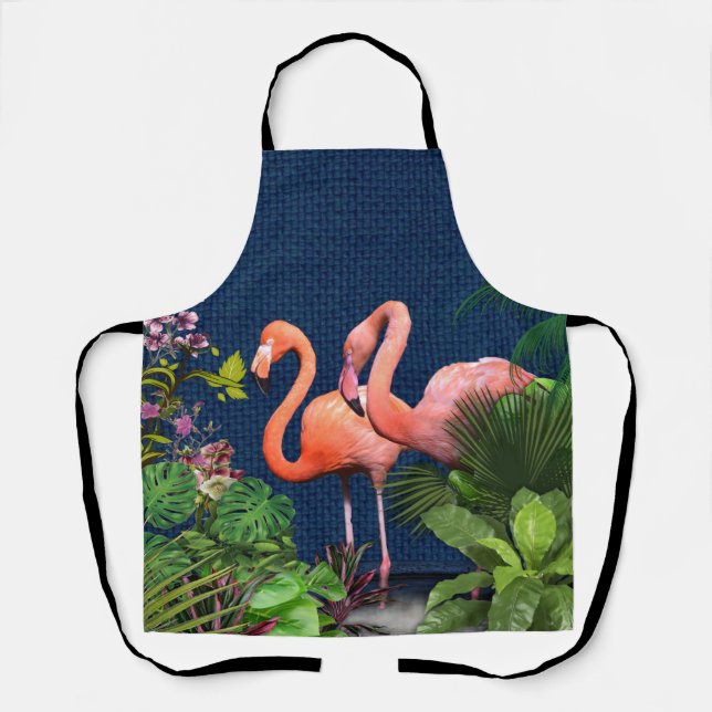 Tablier Flamants roses roses sur bleu classique et vert to (Recto)