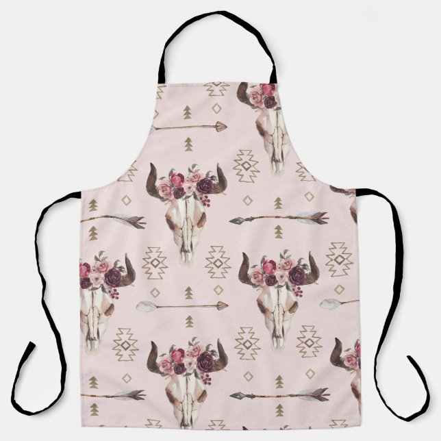 Tablier Flèches et crâne Boho, motif aquarelle. (Recto)