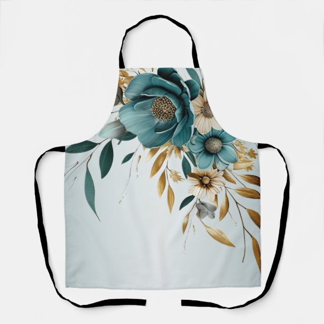 Tablier Fleur blanche turquoise Feuille d'or élégant (Recto)