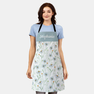 Tablier Fleur bleue aquarelle Daisy Nom personnalisé