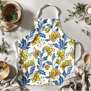 Tablier Fleur Bleue Feuillue de Style Folk Orange Jaune Vi