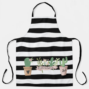 Tablier Fleur de Cactus Rayures Noires et Blanches