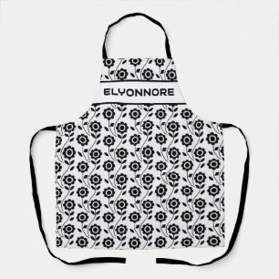 Tablier Fleur géométrique moderne noir blanc nom personnal