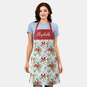 Tablier Fleur personnalisée aquarelle rouge Nom personnali