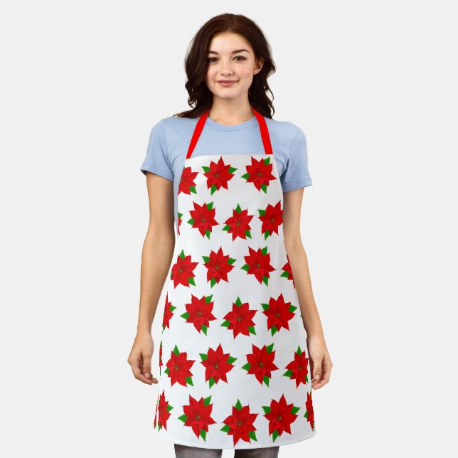 Tablier Fleur rouge de Noël Poinsettia Motif sur blanc (Porté)