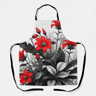 Tablier Fleur rouge sur Plante noir blanc