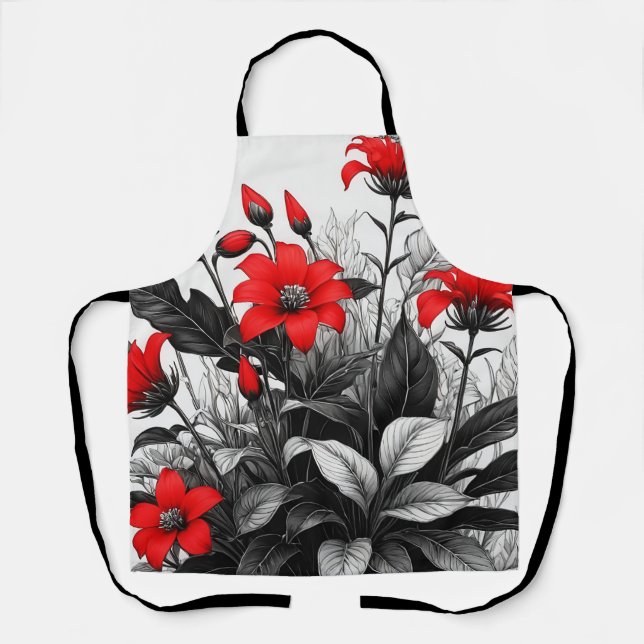 Tablier Fleur rouge sur Plante noir blanc (Recto)