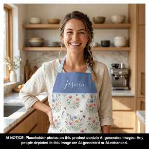 Tablier Fleur sauvage aquarelle bleue Abeilles Bohème Nom