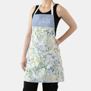 Tablier Fleur sauvage aquarelle bleue Nom personnalisé
