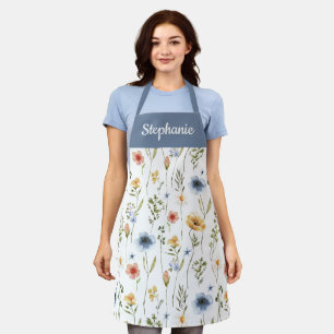 Tablier Fleur sauvage aquarelle bleue nom personnalisé