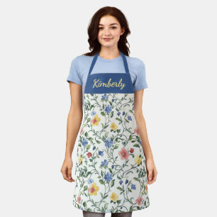 Tablier Fleur sauvage aquarelle jaune bleu Nom personnalis