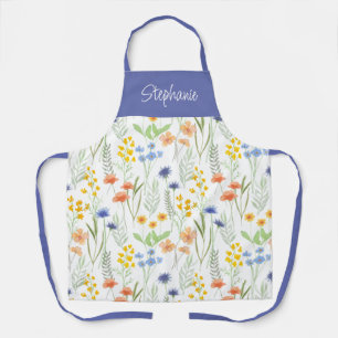 Tablier Fleur sauvage aquarelle orange bleu nom personnali