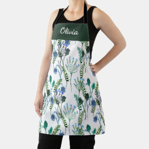 Tablier Fleur sauvage aquarelle verte bleue Nom personnali