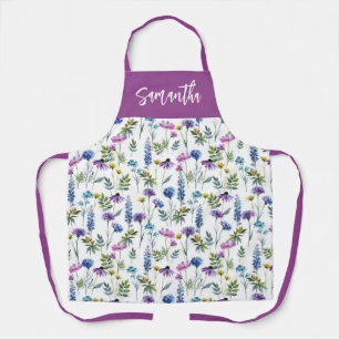 Tablier Fleur sauvage aquarelle violet bleu nom personnali
