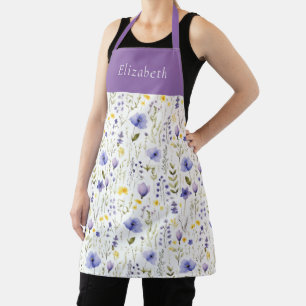 Tablier Fleur sauvage aquarelle violet bleu Nom personnali