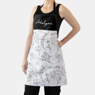Tablier Fleur Sauvage Élégante Nom Personnalisé Noir Blanc