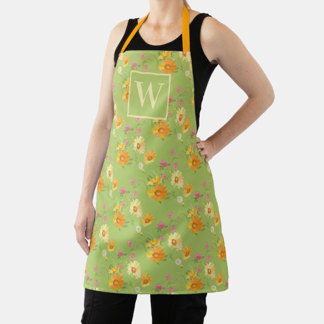 Tablier Fleur sauvage personnalisé vert Floral Monogramme (Insitu)