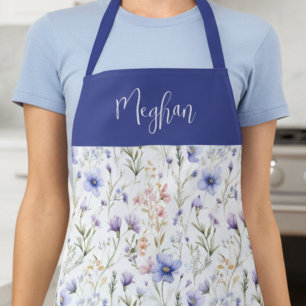 Tablier Fleur sauvage personnalisée aquarelle bleu violet